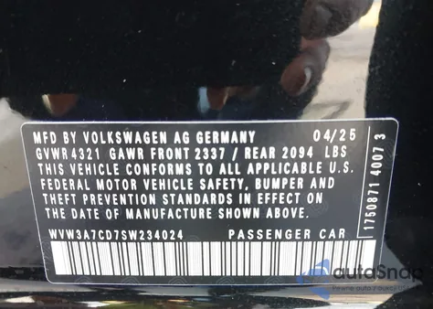 2025 Volkswagen Golf Gti 2.0T Se from USA, damaged, VIN WVW3A7CD7SW234024